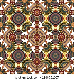 Bandanna shawl, tablecloth fabric print, silk neck scarf, kerchief design in green, brown and beige colors. Vector colorful background, geometric doodle ornate seamless pattern.