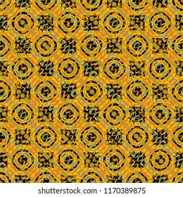 Bandanna shawl, tablecloth fabric print, silk neck scarf, kerchief design in yellow, orange and black colors. Vector colorful background, geometric doodle ornate seamless pattern.