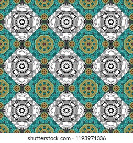 Bandanna shawl, tablecloth fabric print, silk neck scarf, kerchief design. Decorative colorful seamless pattern, geometric pattern in white, gray and blue colors. Vector tribal ethnic ornament.