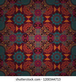 Bandanna shawl, tablecloth fabric print, silk neck scarf, kerchief design. Decorative colorful seamless pattern, geometric pattern in blue, brown and red colors. Vector tribal ethnic ornament.