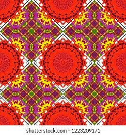 Bandanna shawl, tablecloth fabric print, silk neck scarf, kerchief design. Decorative colorful seamless pattern, geometric pattern in purple, yellow and red colors. Vector tribal ethnic ornament.