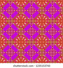 Bandanna shawl, tablecloth fabric print, silk neck scarf, kerchief design in magenta, beige and red colors. Vector colorful background, geometric doodle ornate seamless pattern.