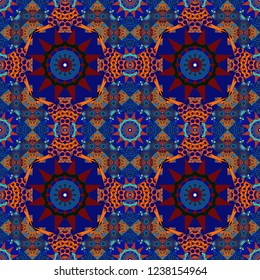Bandanna shawl, tablecloth fabric print, silk neck scarf, kerchief design in red, blue and orange colors. Vector colorful background, geometric doodle ornate seamless pattern.