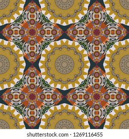 Bandanna shawl, tablecloth fabric print, silk neck scarf, kerchief design. Decorative colorful seamless pattern, geometric pattern in yellow, brown and gray colors. Vector tribal ethnic ornament.