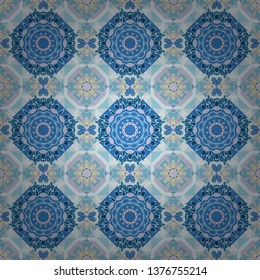 Bandanna shawl, tablecloth fabric print, silk neck scarf, kerchief design in violet, blue and gray colors. Vector colorful background, geometric doodle ornate seamless pattern.
