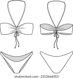 Bandeau bikini technical fashion flat. Swimsuit vector illustration, front and back view, white color, editable mockup template.