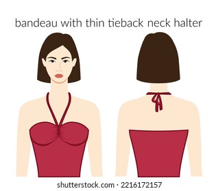 Bandeau with thin tieback neckline halter clothes character beautiful lady in burgundy top, dress technical fashion illustration. Flat apparel template front, back sides. Women, men unisex CAD mockup