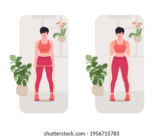 Banded Bicep curls exercise, Online fitness concept, Woman workout fitness, aerobic and exercises. Vector Illustration.	