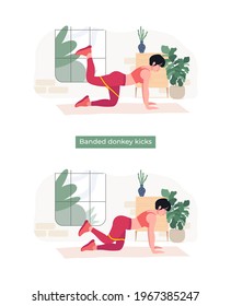 Banded donkey kicks exercise, Online fitness concept, Woman workout fitness, aerobic and exercises. Vector Illustration.	