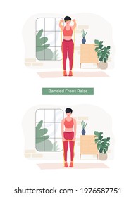 Banded Front Raise exercise, Online fitness concept, Woman workout fitness, aerobic and exercises. Vector Illustration.	