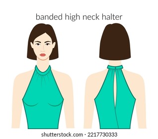 Banded high neckline halter clothes character beautiful lady in top, shirt, dress technical fashion illustration with fitted body. Flat apparel template front, back sides. Women, men unisex CAD mockup