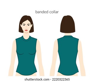 Banded neckline collar clothes character beautiful lady in emerald top, shirt, dress technical fashion illustration, fitted body. Flat apparel template front, back sides. Women, men unisex CAD mockup