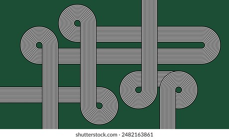 Banded pattern. Black and white intertwined lines on green background.