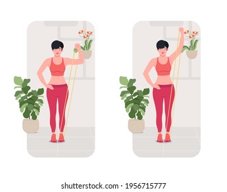 Banded single arm shoulder press exercise, Online fitness concept, Woman workout fitness, aerobic and exercises. Vector Illustration.	