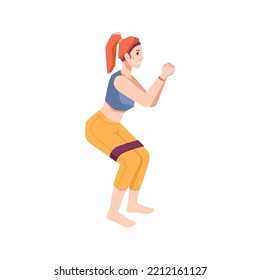 Banded squats exercises done by woman, home or gym sports program for keeping fit and growing muscles. Working out and training. Vector in flat cartoon style