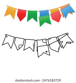 Bandeiras Festa Junina Translated Flags of Junine Party. 3D and Hand Drawn Brazilian Festive Vector.