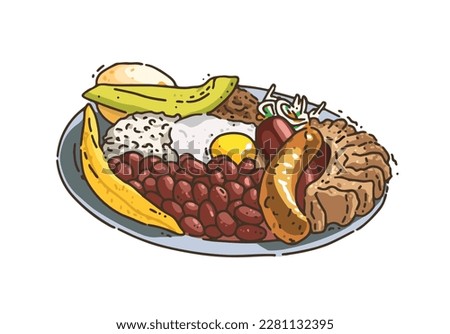 Bandeja de arriero, bandeja montañera, or bandeja antioqueña. Bandeja Paisa is a Colombian dish consisting of white rice, red beans, beef, chorizo sausage, pork belly, fried plantains, a fried egg, an
