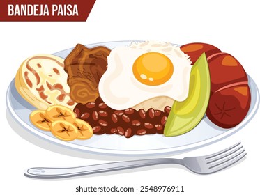 Bandeja Paisa Plate with Fork. Colombian Platter with Rice, Beans, Beef, Chorizo, Tostones, Fried Egg, Avocado Slice and Arepa (Cornbread).