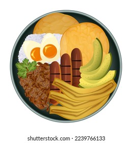 Bandeja paisa Traditional Colombian Dish. Top view. Latin American food. Colorful vector illustration isolated on white background.