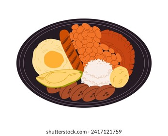 Bandeja paisa traditional food Colombia made from meat fried egg sausage beans avocado and plantain eaten with rice delicious cuisine