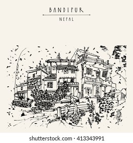 Bandipur, Nepal, Asia. Beautiful small town in the Himalayan mountains. Vintage hand drawn postcard or poster template, book illustration in vector