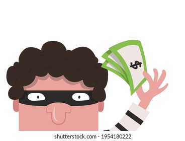 Bandit cartoon vector. Cartoon thief stealing money. Thief character design.