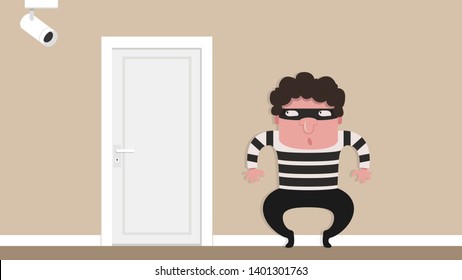 Bandit character design. closed circuit camera and door vector. wallpaper. free space for text. copy space. blank.