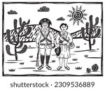 Bandit couple from northeastern Brazil. Lampião and Maria Bonita. Woodcut vector in cordel style