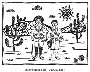 Bandit couple from northeastern Brazil. Lampião and Maria Bonita. Woodcut vector in cordel style