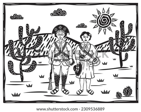 Bandit couple from northeastern Brazil. Lampião and Maria Bonita. Woodcut vector in cordel style