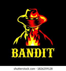 Bandit Cowboy with Scarf Mask and fire, Design element for logo, poster, card, banner, emblem, t shirt. Vector illustration