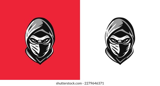 Bandit face in mask, vector sign isolated on white background. Angry fighter logo. Game character human head symbol. Thief illustration set. Cartoon bad man in balaclava. Ninja style