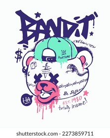 bandit grafitti slogan with bear doll head with tattoos graphic vector illustration