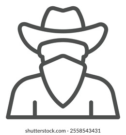 Bandit man with face mask line icon, west desert concept. Vector graphics. Human with hat and bandage sign on white background, outline style icon for mobile or web design