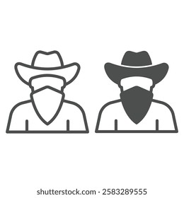 Bandit man with face mask line and solid icon, west desert concept. Vector graphics. Human with hat and bandage sign on white background, outline style icon for mobile or web design