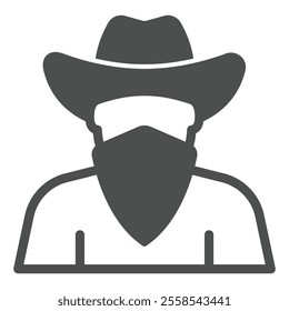 Bandit man with face mask solid icon, west desert concept. Vector graphics. Human with hat and bandage sign on white background, glyph style icon for mobile or web design