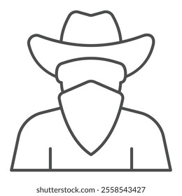 Bandit man with face mask thin line icon, west desert concept. Vector graphics. Human with hat and bandage sign on white background, outline style icon for mobile or web design