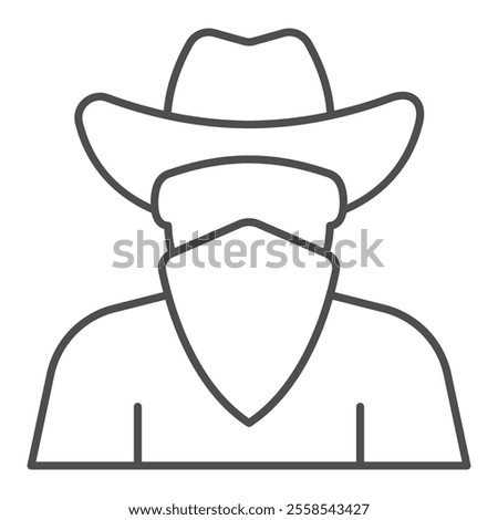 Bandit man with face mask thin line icon, west desert concept. Vector graphics. Human with hat and bandage sign on white background, outline style icon for mobile or web design