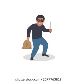 Bandit with money bag and knife. criminal with tools luko vector illustration