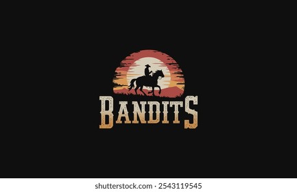 Bandit on horseback riding into the sunset with bold text.