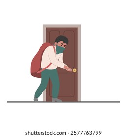 bandit robber thief burglar trying to unlock door with lock pick and break in house. character name Luko vector illustration