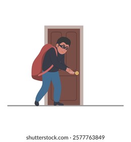 bandit robber thief burglar trying to unlock door with lock pick and break in house. character name Luko vector illustration