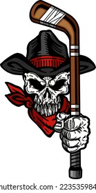 bandit skull mascot with hockey stick for school, college or league sports