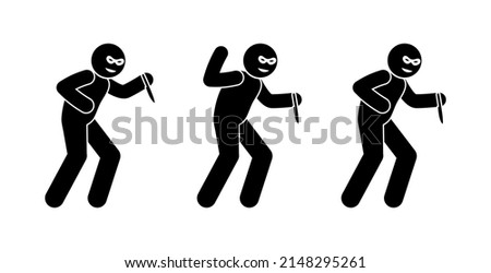 bandit sneaks with a knife, icons set, angry masked man, stick figure pictogram