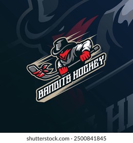 Vector del diseño del logotipo de la mascota de Bandits con estilo moderno del concepto de la ilustración para la insignia, el emblema y la impresión de la camiseta. Ilustración de hockey de bandidos para equipo deportivo.