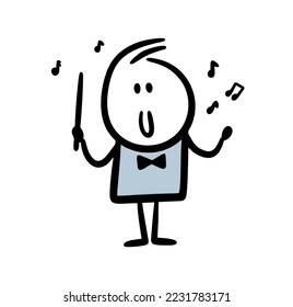 Bandmaster at the concert is waving his wand and musical notes are flying around him. Vector illustration of male stickman character in artist suit and tie bow.