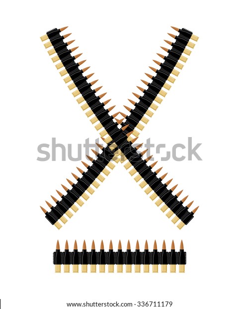 Bandolier with bullets. Ammunition\
belt. Tape cartridges for submachine gun. Army\
equipment.\
