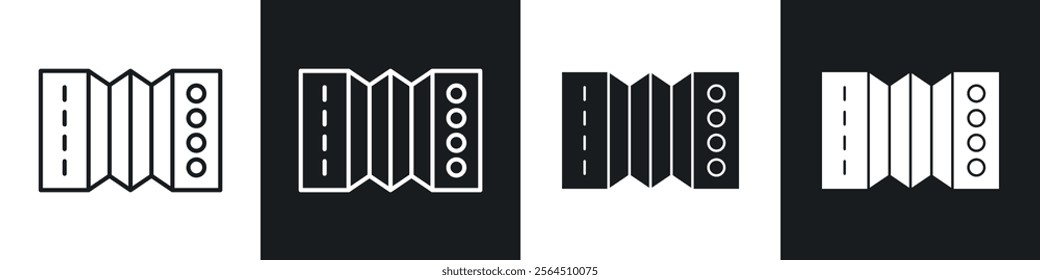 Bandoneon instrument icons collection in black filled and line style.