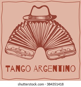 Bandoneon, tango instrument, with a male hat on top. Vector design for your tango-related project