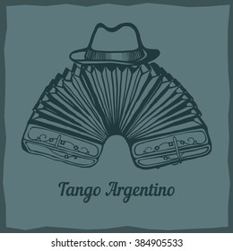 Bandoneon, tango instrument, with a male hat on top. Vector design for your tango-related project